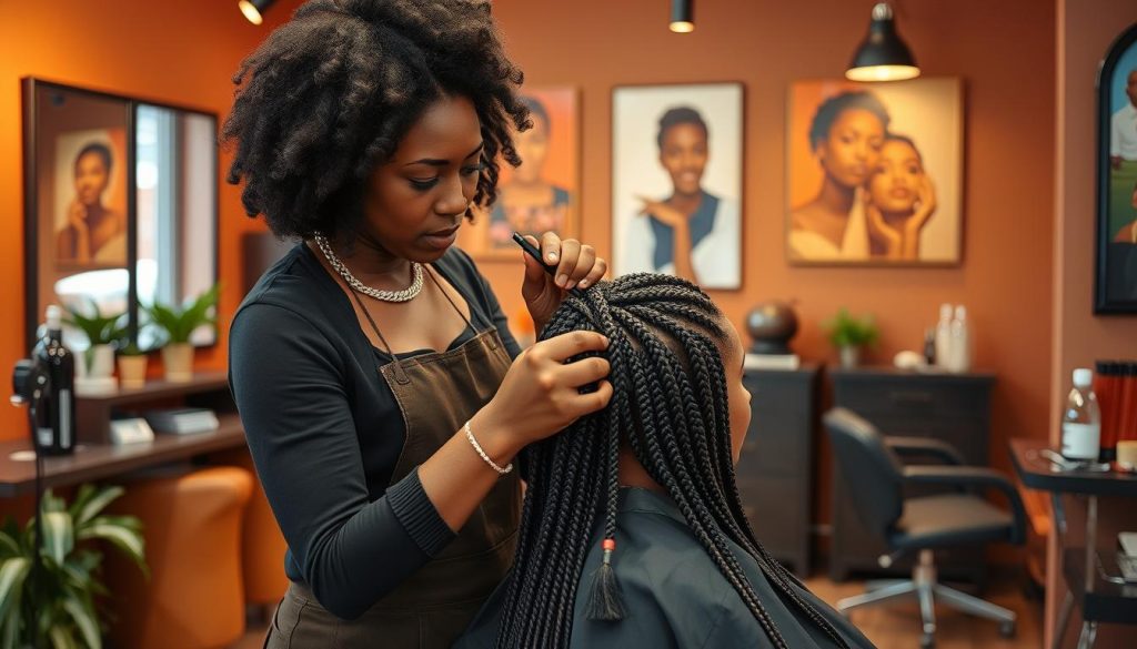 Afro-hårstylist lager flettinger