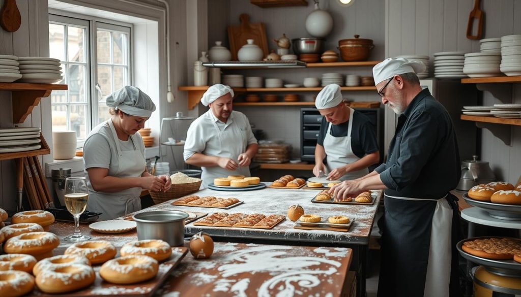 Baker samarbeider med kolleger i konditori