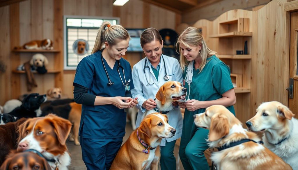 Kennelmedarbeider samarbeid med dyrepleiere og veterinærer