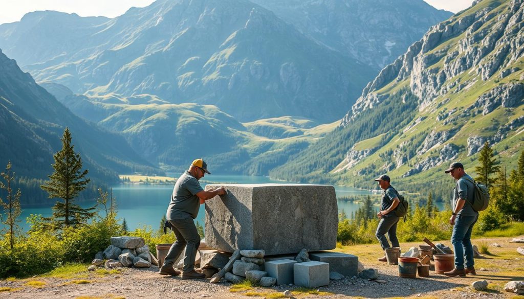 Natursteinsarbeider i arbeid