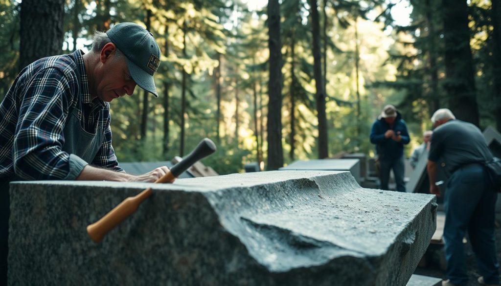 Natursteinsarbeider i arbeid