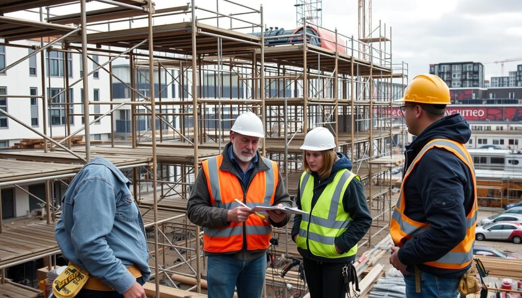 Stillasmontør samarbeid på byggeplass